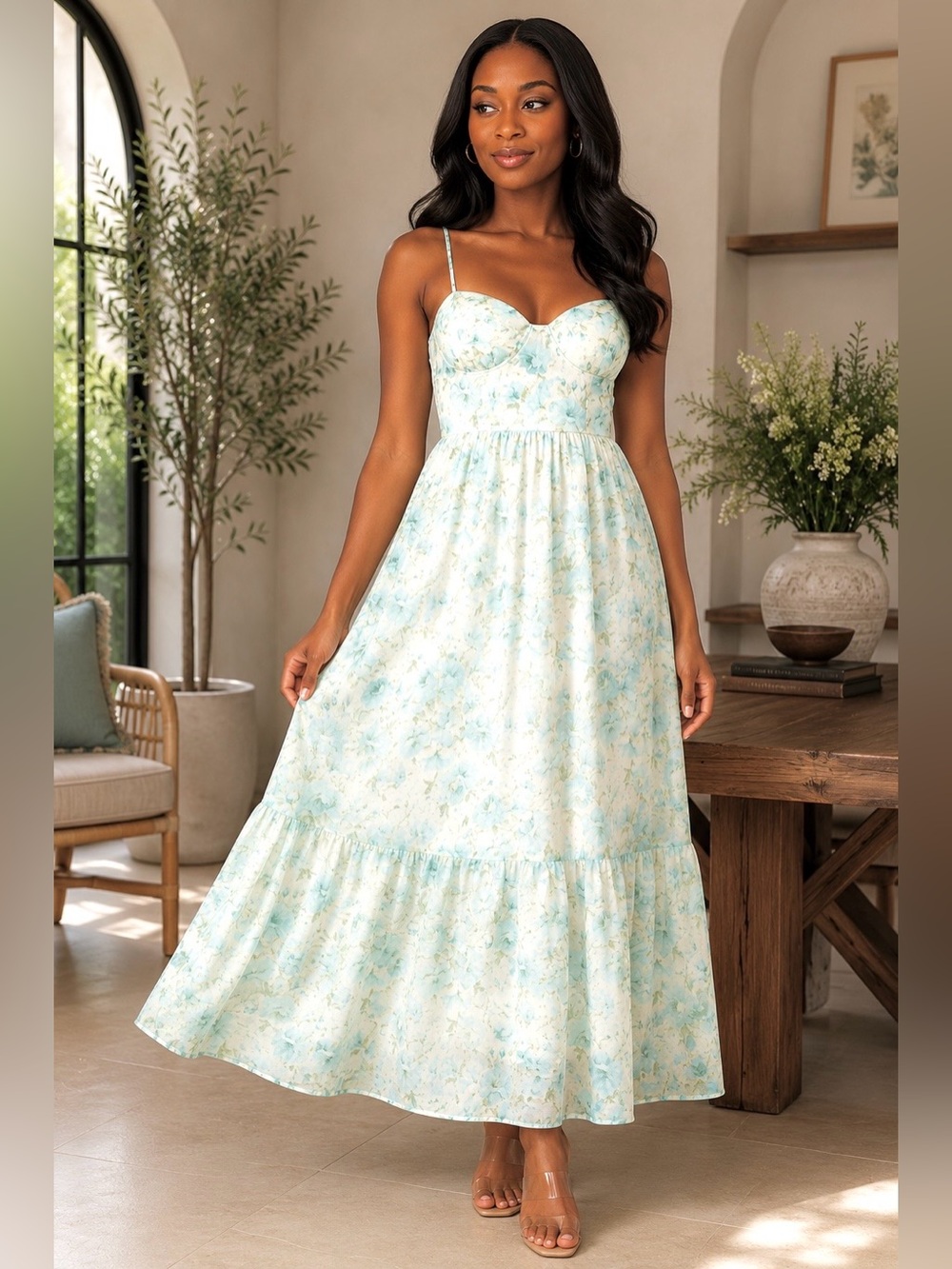 Spring Floral Spaghetti-Strap Maxi Dress - Pastel Blue & Cream